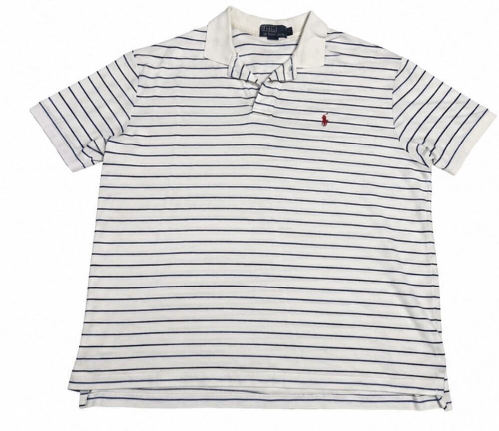 Polo Ralph Lauren Polo Shirt Men’s XL White Navy Stripe Red Pony Short Sleeve